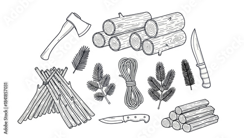 Camping gear vector illustration with axe logs rope and shelter design