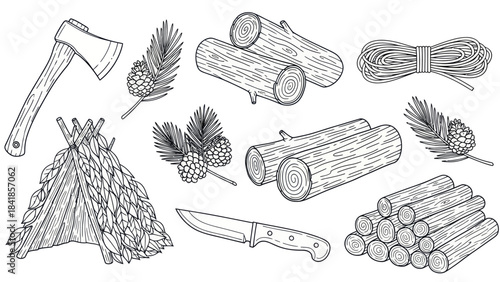 Camping and wilderness survival equipment vector illustration set