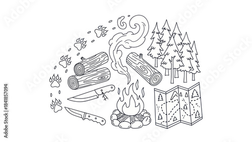 Camping illustration with fire map trees logs and a trail outline
