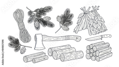 Camping and wilderness survival gear set vector illustration