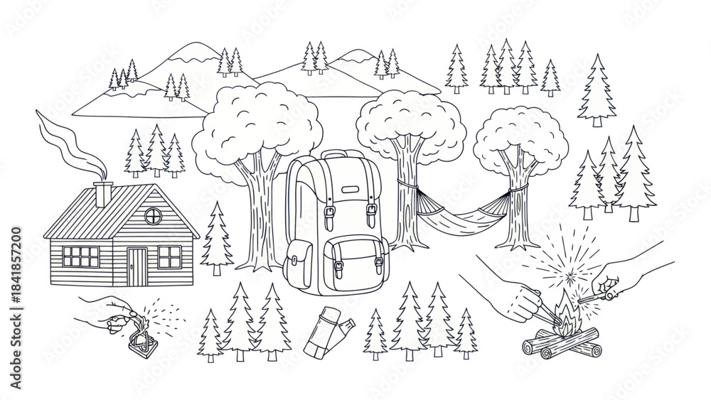 Obraz premium Camping scene illustration with backpack trees bonfire and forest elements
