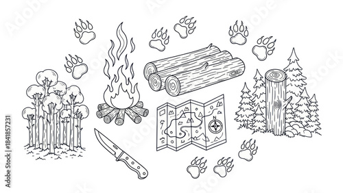 Camping scene illustration with campfire logs map and forest elements