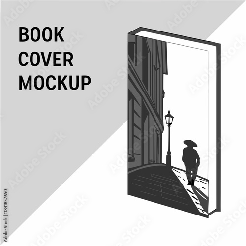 "Book cover mockup template vector with mysterious figure on cobblestone street, noir mystery novel design for publishing and literary presentation"

