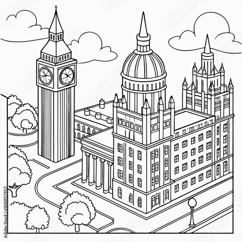 "London landmarks coloring page vector with Big Ben St Paul's Cathedral, isometric cityscape architecture drawing for travel tourism and educational activity"


