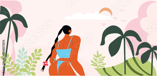 hand drawn style. girl character bikini  in jungle .Surfing summer background tropical nature with abstract shapes , leaves, Vector illustration.