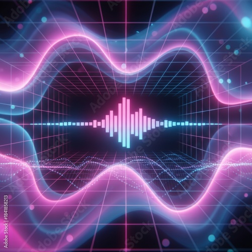 Futuristic neon sound wave visualization. Abstract audio waveform with glowing pink and blue lines on a grid background.
Abstract layered waves with gradient purple, pink, orange, and yellow colors. 