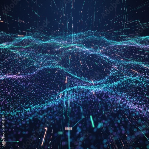 Futuristic neon sound wave visualization. Abstract audio waveform with glowing pink and blue lines on a grid background.
Abstract layered waves with gradient purple, pink, orange, and yellow colors. 