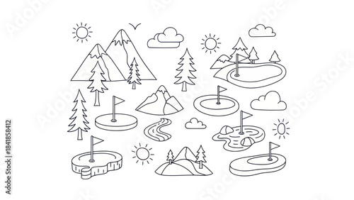 Golf course and nature elements outlined illustration for design projects