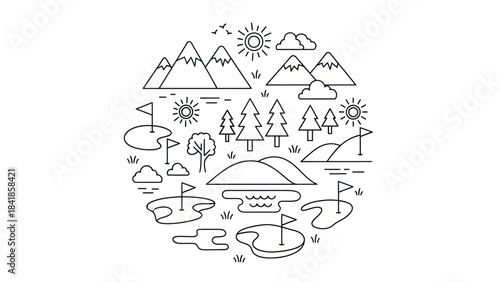 Golf course design with mountains trees and sun isolated on white