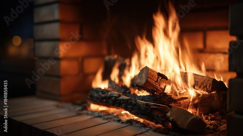 Roaring fire of burning logs and glowing embers in a brick fireplace