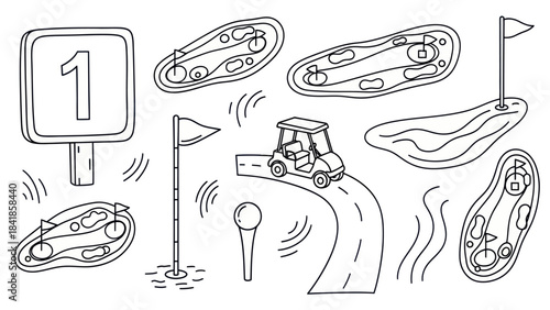 Golf course elements cartoon style illustrations of course features