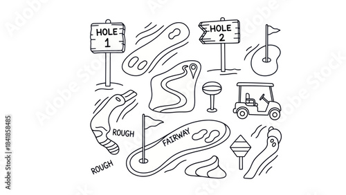 Golf course elements hand drawn icons of fairways holes and cart