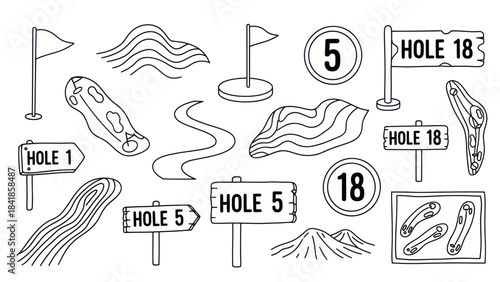 Golf course elements flags signs and course layouts in black and white