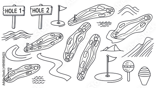 Golf course elements illustration set in black and white for design use