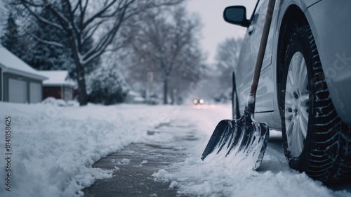 Snow shovel resting against a parked car next to a cleared sidewalk in winter