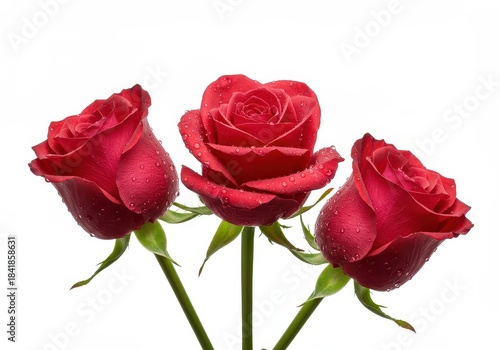 A stunning trio of fresh, dew-kissed roses featuring vibrant petals and smooth stems, perfectly isolated on a crisp white background ,beauty ,group ,pure