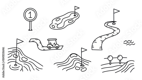 Golf course elements illustrations of fairways flags and hole markers