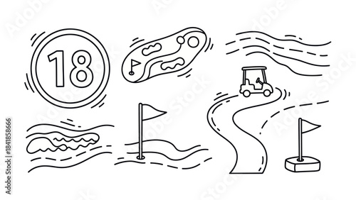 Golf course elements illustrations of flags cart and course layouts