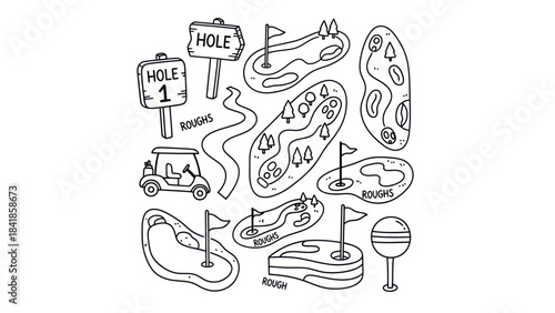 Golf course elements illustration vector graphics of course features