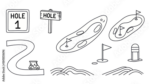Golf course elements isolated illustrations of course layout and signs