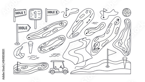 Golf course elements isolated vector illustrations for design and layout