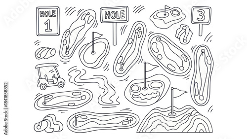 Golf course elements isolated vector illustrations of holes flags and signs