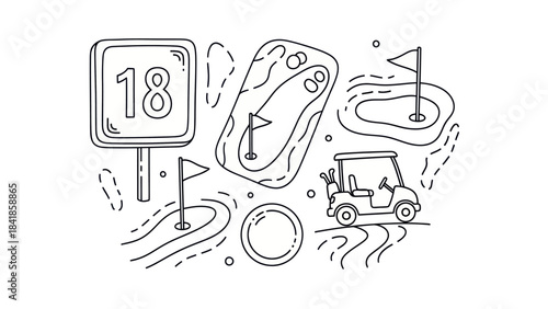 Golf course elements number 18 sign cart flags and green illustrations