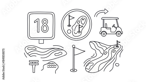 Golf course elements number 18 sign cart flags and landscape illustrations
