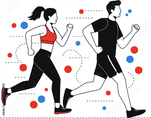 Running man and woman, isolated vector illustration in cartoon line drawing style. Run, side view. Silhouettes of athletic looking male and female runners running. Transparent background EPS version.