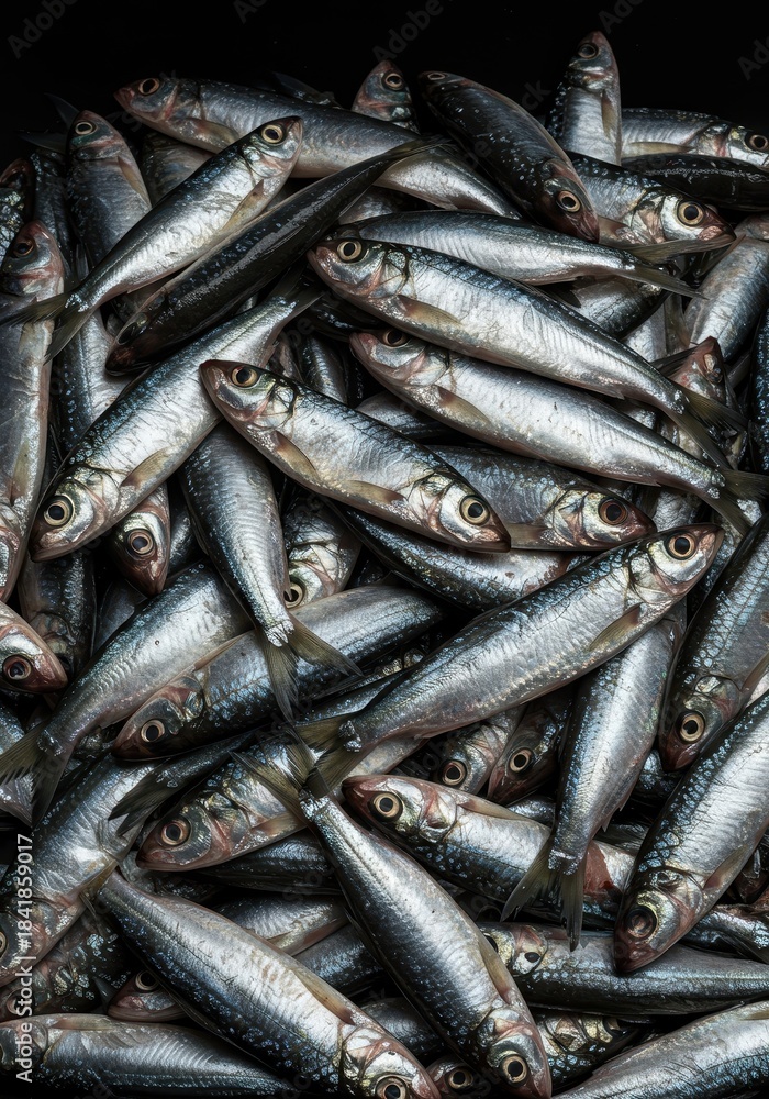 Obraz premium Close-up view of numerous fresh silver fish, stacked tightly together in a generous pile, isolated on a stark background ,studio shot, natural, freshwater fish