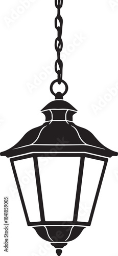 Vintage hanging street lantern silhouette vector illustration. old-fashioned outdoor light fixture icon for design projects. classic lamp post element graphic.