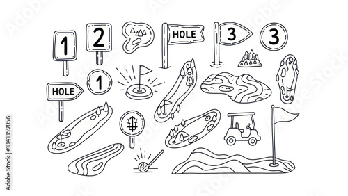 Golf course elements signs flags holes and cart in outline style