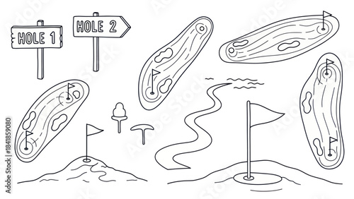 Golf course elements signs flags holes and course layouts in vector style