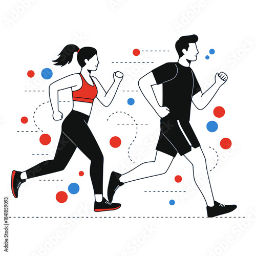 Running man and woman, isolated vector illustration in cartoon line drawing style. Run, side view. Silhouettes of athletic looking male and female runners running. Transparent background SVG version.