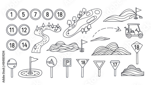 Golf course elements vector illustrations of course features and icons