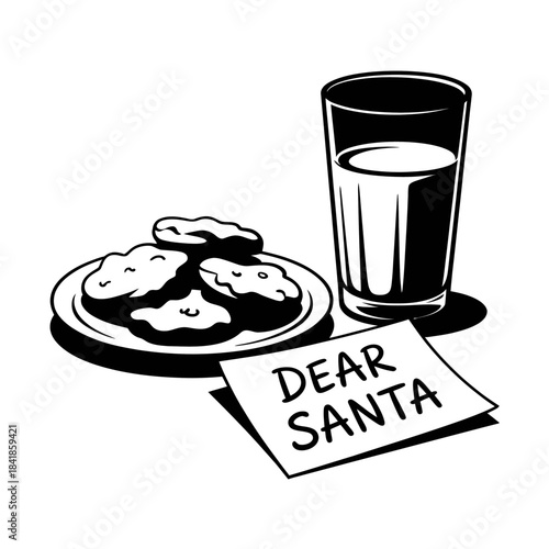 A plate of cookies and a glass of milk are arranged next to a note labeled 'Dear Santa