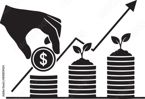 Hand investing dollar coin into growing stacks of money with an upward trend graph, symbolizing financial growth, savings, and investment strategy.