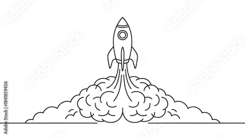 Vector Rocket ship launching into space with smoke trail, minimalist line icon