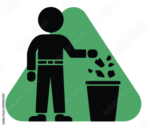 Minimalist person silhouette icon responsibly disposing of waste into a trash bin for clean environment concepts