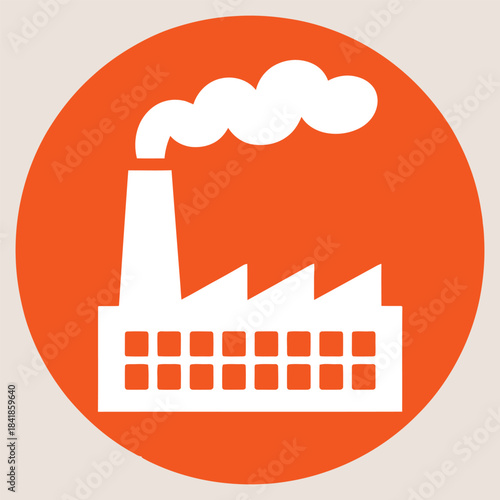 Modern minimalist flat design factory building icon with smoke coming from the industrial smokestack