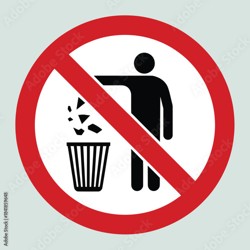 Red circular no littering sign with person silhouette throwing rubbish into trash bin symbolizing environmental protection and cleanliness
