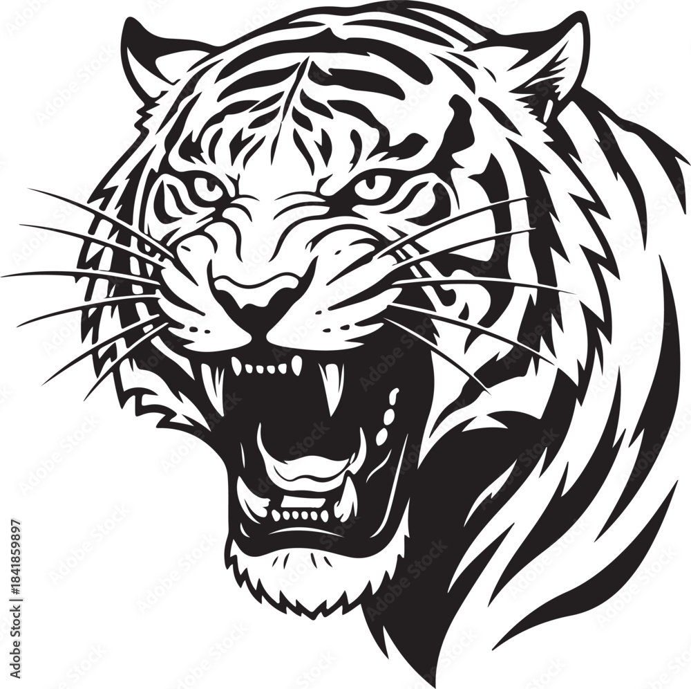 Obraz premium Stylized roaring tiger head illustration, black and white graphic vector art, fierce expression for logos, mascots, and emblems