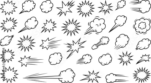 Hand drawn comic explosion, smoke burst and speed effect elements with dynamic sketch style impact shapes for cartoon animation and digital artwork