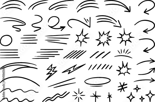 Hand drawn motion line and arrow effect set with dynamic speed strokes, swoosh curves, spark elements and sketch style abstract graphics