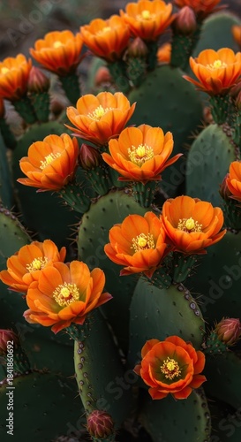 Vibrant orange blossoms on a large desert cactus fill the frame, creating a beautiful natural texture and arid background pattern ,growth ,plant ,gardening