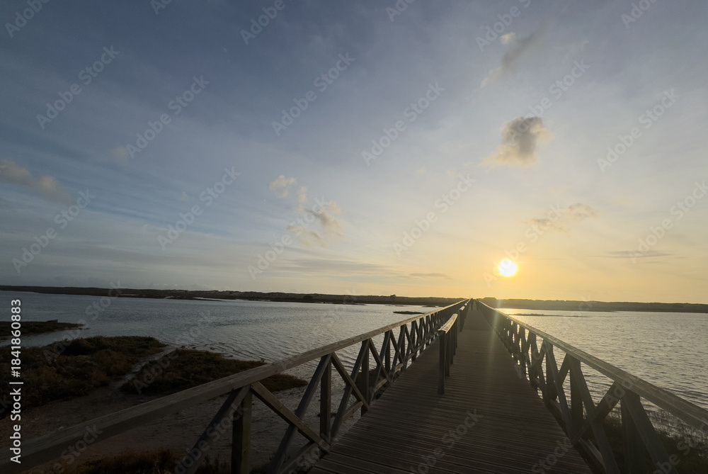 Naklejka premium Wooden walkway on a beach at sunset