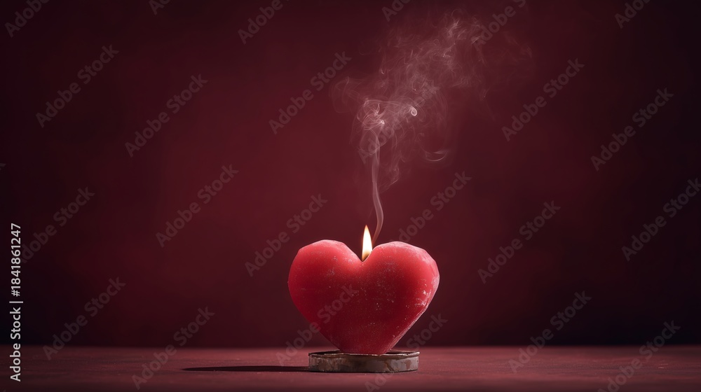 Obraz premium Heart-shaped candle burning with a thin smoke trail rising above it on a red surface.