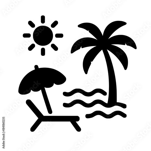 Tropical Beach Umbrella and Deck chair Vector Travel Icon
