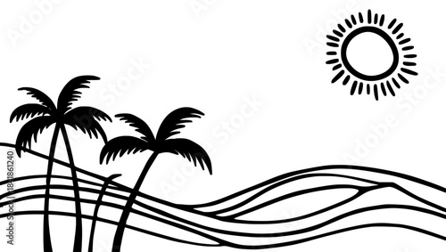 Minimalist Palm Tree Beach Landscape Outline Vector Art