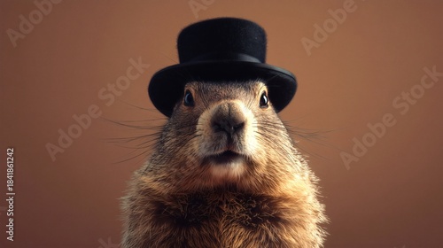 Close-up portrait of a groundhog wearing a black top hat against a neutral background.